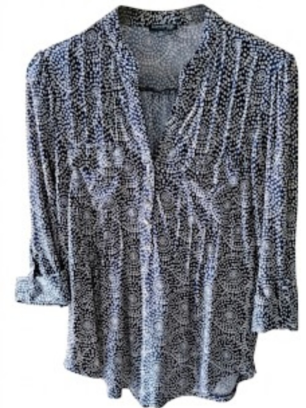 Ava & Grace Blue & White Dotted Geometric Henley Blouse - 3/4 Roll-Tab Sleeve